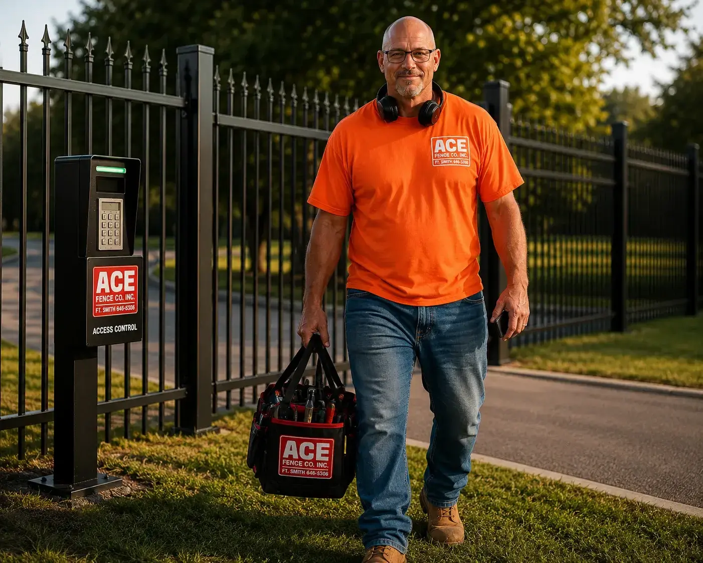 Automatic gate installed by ACE Fence Company in Fort Smith, Arkansas — gate operator and access control system on ornamental iron driveway gate